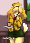  absurd_res animal_crossing anthro big_breasts black_eyes blurred_background blush bottomwear bow_tie breasts canid canine canis clothing coffee_mug cuchufflay domestic_dog eyebrows eyelashes female fluffy fluffy_ears fluffy_tail fur green_bottomwear green_clothing green_skirt hair hi_res isabelle_(animal_crossing) jacket mammal nintendo nintendo_switch red_bow_tie skirt solo thick_eyebrows thick_thighs tied_hair topwear video_games wide_hips window yellow_body yellow_clothing yellow_fur yellow_jacket_(clothing) yellow_topwear 