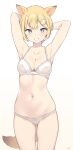  1girl absurdres animal_ears armpits arms_up ass_visible_through_thighs bangs bare_arms bare_shoulders blonde_hair blue_eyes blush bra breasts cleavage cloba collarbone commentary dog_ears dog_girl dog_tail eyebrows_visible_through_hair grin groin highres hololive hololive_english kemonomimi_mode large_breasts looking_at_viewer navel panties short_hair skindentation smile solo standing stomach symbol_commentary tail thigh_gap underwear underwear_only watson_amelia white_bra white_panties 