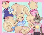  &lt;3 2021 accessory age_difference animal_crossing anthro blue_background blush border bottomless bottomwear butt canid canine canis clothed clothing crossdressing dobie_(animal_crossing) dress duo featureless_crotch girly hair_accessory hair_bow hair_ribbon hug male male/male mammal marshal_(animal_crossing) nintendo one_eye_closed overalls pants pink_border ribbons rodent romantic_couple sciurid shirt simple_background skirt somik standing topwear video_games wink wolf 
