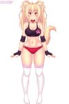  1girl animal_ear_fluff animal_ears ass_visible_through_thighs bangs bare_shoulders black_gloves blonde_hair blush breasts buruma cat_ears cat_girl cat_tail cleavage closed_mouth collar collarbone elbow_sleeve eyebrows_visible_through_hair fingerless_gloves full_body gloves highres large_breasts long_hair midriff navel nottytiffy original patreon_username paw_print red_buruma red_eyes red_neckwear sidelocks simple_background sleeveless slit_pupils smile solo standing tail thighhighs thighs tiffy_(nottytiffy) twintails twitch_username virtual_youtuber watermark web_address white_background white_legwear 
