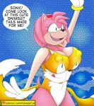  2019 4_fingers amy_rose big_breasts breasts canid canine clothing clothing_transformation dialogue eulipotyphlan eyelashes female fingers fox gesture green_eyes hair hedgehog kanada male mammal miles_prower nipple_outline one-piece_swimsuit open_mouth open_smile patreon pink_body pink_hair smile sonic_the_hedgehog_(series) swimming_trunks swimwear tan_body text transformation waving what 