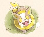  breath closed_eyes commentary_request dog facing_viewer fangs fluffy from_above full_body gen_5_pokemon gen_8_pokemon grass joltik matsuri_(matsuike) no_humans notice_lines open_mouth pokemon pokemon_(creature) smile tongue tongue_out yamper 