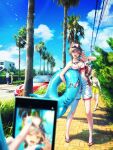  2boys 4girls anko_anko aqua_hair aqua_nails arms_behind_head bag blonde_hair blue_hair blue_shorts blue_sky blurry blurry_foreground bottle bow bra brown_eyes brown_hair car cellphone commentary day eating food goggles goggles_around_neck ground_vehicle hair_bow hand_up hatsune_miku highres holding holding_innertube holding_phone innertube kagamine_len kagamine_rin kaito looking_at_viewer megurine_luka meiko motor_vehicle multiple_boys multiple_girls nail_polish open_mouth outdoors palm_tree phone popsicle pose pov pov_hands power_lines road shark_print shirt short_hair shorts sitting sky smartphone smile spaghetti_strap spiked_hair street summer taking_picture tree underwear utility_pole vocaloid water_bottle waving white_bow white_shirt white_shorts yellow_shorts 