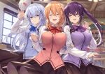  3girls bangs blue_eyes blue_hair blue_neckwear blue_vest blush bow bowtie breasts brown_skirt bunny closed_eyes collared_shirt eyebrows_visible_through_hair gochuumon_wa_usagi_desu_ka? hair_ornament hairclip hand_up holding_another&#039;s_arm holding_hands hoto_cocoa indoors kafuu_chino ks_(xephyrks) large_breasts long_hair long_sleeves looking_at_viewer multiple_girls one_eye_closed open_mouth orange_hair purple_eyes purple_hair purple_neckwear purple_vest red_neckwear red_vest shirt skirt small_breasts smile tedeza_rize tippy_(gochiusa) twintails vest 