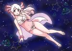  1girl absurdres acesrulez axolotl_girl axolotl_tail bare_legs bare_shoulders bikini bow bracelet brown_eyes collarbone commentary_request extra_ears eyebrows_visible_through_hair finger_to_mouth full_body highres jewelry kemono_friends kemono_friends_3 long_hair mexico_salamander_(kemono_friends) sandals see-through solo space star_(sky) swimsuit ufo white_bow white_footwear white_hair white_swimsuit 
