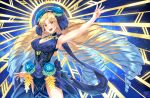  1girl astraea_(fate) bangs blonde_hair blue_hair blush breasts cleavage commentary_request dress dress_flower drill_hair fate/grand_order fate_(series) flower fumafu gradient_hair highres large_breasts long_hair looking_at_viewer luviagelita_edelfelt multicolored_hair open_mouth smile very_long_hair yellow_eyes 