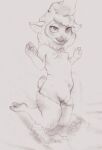  ambiguous_gender anthro bovid breasts caprine disembodied_hand duo female female_focus fuchs hand_on_head hi_res hooves kneeling looking_up mammal monochrome navel nipples nude sharla_(zootopia) sheared sheep simple_background sketch small_breasts solo_focus tongue tongue_out traditional_media_(artwork) 