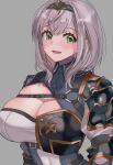  1girl absurdres armor black_headwear breasts cleavage commentary_request green_eyes grey_background highres hololive large_breasts light_blush looking_at_viewer mole mole_on_breast open_mouth sahara shirogane_noel short_hair silver_hair skindentation smile solo tiara upper_body 