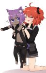  +++ 2girls :d ahoge bangs bare_shoulders barefoot black_bodysuit black_gloves black_jacket black_scrunchie blush bodysuit closed_eyes dark_skin dark_skinned_female eyebrows_visible_through_hair fate/grand_order fate/prototype fate/prototype:_fragments_of_blue_and_silver fate_(series) fujimaru_ritsuka_(female) gloves grey_skirt hair_between_eyes hair_ornament hair_scrunchie hassan_of_serenity_(fate) highres i.u.y jacket kneeling lifting_person multiple_girls no_shoes one_side_up open_mouth pleated_skirt purple_eyes purple_hair red_hair scrunchie skirt smile stirrup_legwear toeless_legwear white_background 