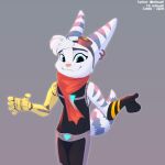  5_fingers :3 anthro blue_eyes clothed clothing cybernetic_arm cybernetic_limb ear_piercing eyewear female fingers fur goggles goggles_on_head grey_background hi_res infinumf_(artist) lombax looking_at_viewer mammal piercing prosthetic prosthetic_arm prosthetic_limb ratchet_and_clank rivet_(ratchet_and_clank) scarf simple_background smile solo sony_corporation sony_interactive_entertainment standing stripes video_games white_body white_fur 