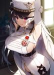  1girl :q armpits arms_up azur_lane bangs black_hair black_legwear blush breasts cape elbow_gloves exe_(xe) gloves hat large_breasts long_hair looking_at_viewer pamiat_merkuria_(azur_lane) retrofit_(azur_lane) side_slit sideboob smile solo steam thighhighs tongue tongue_out white_gloves 