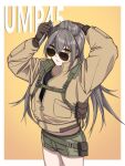  1girl backpack bag brown_eyes brown_gloves brown_jacket camouflage camouflage_shorts character_name character_request closed_mouth eyebrows_visible_through_hair feet_out_of_frame girls_frontline gloves grey_hair hair_brush hair_brushing hand_in_hair highres holding holding_brush jacket long_hair looking_at_viewer rainbow_six_siege shorts simple_background solo standing sunglasses ump45_(girls_frontline) yitiao_er-hua 