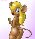  anthro blonde_hair blue_eyes bracelet breasts brown_body butt chip_&#039;n_dale_rescue_rangers choker disney female gadget_hackwrench hair hi_res hirurux jewelry lipstick looking_at_viewer makeup mammal mouse murid murine necklace nude pink_nose rodent solo 