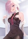  1girl :d bangs bare_shoulders black_dress black_legwear blush breasts collar collared_dress commentary_request dress fate/grand_order fate_(series) fine_fabric_emphasis hair_over_one_eye highres jacket large_breasts light_purple_hair looking_at_viewer maosame mash_kyrielight necktie off_shoulder open_mouth pantyhose pleated_dress print_neckwear purple_eyes short_hair sleeveless sleeveless_dress smile white_collar 