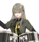  1girl black_ribbon camouflage camouflage_jacket drum drum_set dzwk5874 eyebrows_visible_through_hair facial_tattoo girls_frontline grey_hair hair_ribbon instrument jacket long_hair looking_down number_tattoo open_mouth ribbon sitting solo tattoo ump40_(girls_frontline) white_background yellow_eyes 