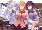  3girls bangs blue_eyes blue_hair blue_neckwear blue_vest blush bow bowtie breasts brown_skirt bunny closed_eyes collared_shirt eyebrows_visible_through_hair gochuumon_wa_usagi_desu_ka? hair_ornament hairclip hand_up holding_another&#039;s_arm holding_hands hoto_cocoa indoors kafuu_chino ks_(xephyrks) large_breasts long_hair long_sleeves looking_at_viewer multiple_girls multiple_views one_eye_closed open_mouth orange_hair purple_eyes purple_hair purple_neckwear purple_vest red_neckwear red_vest shirt skirt small_breasts smile tedeza_rize tippy_(gochiusa) twintails vest 