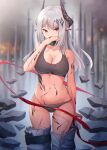  1girl arknights blood blush bowlp breasts covering_mouth cuts earrings floating floating_object hair_ornament highres horns injury jewelry large_breasts long_hair looking_at_viewer mudrock_(arknights) outdoors pointy_ears red_eyes ribbon silver_hair solo stone 