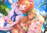  3girls armlet ashoka_(eiyuu_senki) bangs bikini blonde_hair blouse blue_eyes blue_neckwear bow bracelet breasts character_request choker cloud collarbone crown dark_skin dark_skinned_female day double_bun dutch_angle eiyuu_senki eyebrows_visible_through_hair food forehead_jewel fruit gloves green_eyes green_hair hair_bow hair_rings highres jewelry king_arthur_(eiyuu_senki) kuyukian3 large_breasts lemon lemon_slice long_hair looking_at_viewer medium_breasts micro_bikini mini_crown multiple_girls navel neckerchief necklace ocean open_mouth orange_hair outdoors palm_tree parted_bangs puffy_short_sleeves puffy_sleeves sailor_collar school_uniform serafuku short_sleeves side-tie_bikini sidelocks sitting sky smile string_bikini swimsuit tree v wavy_hair wet white_bikini white_blouse white_bow white_choker white_gloves white_sailor_collar yellow_eyes 