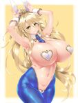  1girl ahoge animal_ears armpits arms_up artoria_pendragon_(all) artoria_pendragon_(swimsuit_ruler)_(fate) bangs blonde_hair blue_legwear blue_neckwear blush breasts bunny_ears bunny_pose closed_mouth covered_nipples detached_collar fate/grand_order fate_(series) fishnet_legwear fishnets green_eyes hair_between_eyes hayama_kazusa heart_pasties highres huge_breasts long_hair looking_at_viewer maebari meme_attire navel pantyhose pasties ponytail revealing_clothes reverse_bunnysuit reverse_outfit revision sidelocks smile tiara wrist_cuffs yellow_background 