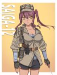  1girl bangs belt black_shorts breasts character_name cleavage closed_mouth collarbone eyebrows_visible_through_hair feet_out_of_frame girls_frontline gun hair_ornament highres holding holding_knife holster holstered_weapon kapkan_(rainbow_six_siege) knife long_hair looking_at_viewer medium_breasts military military_uniform nail_polish orange_eyes purple_hair purple_nails rainbow_six_siege saiga-12_(girls_frontline) shorts simple_background solo soviet soviet_army soviet_flag standing uniform weapon yitiao_er-hua 