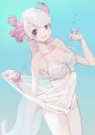  1girl axolotl axolotl_girl axolotl_tail bare_shoulders bikini bow bracelet brown_eyes bubble collarbone cowboy_shot don3 extra_ears jewelry kemono_friends long_hair looking_at_viewer mexico_salamander_(kemono_friends) see-through sleeveless solo swimsuit underwater white_bow white_hair white_swimsuit 