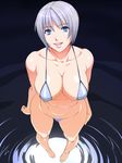  bad_id bad_pixiv_id barefoot bikini blue_eyes bottomless breasts copyright_request covered_nipples foreshortening from_above grey_hair huge_breasts lips nipples noriheita plump pubic_hair short_hair smile solo swimsuit 