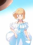  1girl blonde_hair blouse blush casual contemporary dress nontaso off-shoulder_dress off_shoulder short_hair uchi_emiri watashi_ga_motenai_no_wa_dou_kangaetemo_omaera_ga_warui! |_| 