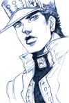  1boy bud_(korovsme) diamond_wa_kudakenai earrings green_eyes hat ink_(medium) jewelry jojo_no_kimyou_na_bouken kuujou_joutarou male_focus monochrome solo spot_color stud_earrings traditional_media turtleneck upper_body 