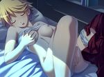  1girl ars_magna bed blonde_hair blush breast_grab breasts censored enjouji_alex_yukihiro eyes_closed fingering game_cg grabbing koutaro lying masturbation nijiiro_zakura open_mouth panties panties_around_leg panties_around_one_leg pants_around_one_leg short_hair solo underwear 