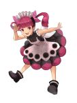  1girl :d bangs bent_over black_footwear blackball blunt_bangs blush bonnet boots dress kemurikusa looking_at_viewer open_mouth outstretched_arm pink_eyes pink_hair rina_(kemurikusa) salute simple_background sleeveless sleeveless_dress smile solo twintails white_background 