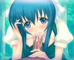  1boy 1girl blue_eyes blue_hair blush breasts censored crying cum cum_in_mouth dark-skinned_male dark_penis eye_contact fellatio interracial looking_at_another nipples oral out_of_character penis pov quadrastate strawberry_panic strawberry_panic! suzumi_tamao tears 
