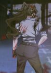  1girl absurdres ass belt black_gloves blood bloody_clothes bloody_hands brown_hair clenched_hand facing_away from_behind gloves hand_on_hip highres hololive hololive_english j-chad long_hair pants ponytail set7 shirt sleeves_rolled_up solo sunglasses white_shirt 