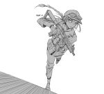  1girl artist_name ash_(rainbow_six_siege) baseball_cap boots braid greyscale hair_behind_ear hat highres holding holding_sword holding_weapon jacket long_hair looking_to_the_side monochrome open_mouth pikat rainbow_six_siege running solo sword weapon weapon_request white_background 