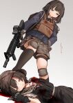  2girls akaiha_(akaihasugk) assault_rifle bangs black_gloves black_legwear black_skirt blood bloody_clothes blue_jacket brown_eyes brown_gloves brown_hair brown_headwear brown_skirt camouflage camouflage_skirt check_weapon closed_mouth collared_shirt commentary_request commission death full_body gloves grey_background gun gunshot_wound headphones helmet highres jacket kevlar_vest knee_pads kneehighs long_sleeves looking_at_another looking_down m4_carbine mismatched_legwear multiple_girls original rifle shirt short_hair simple_background skeb_commission skirt stepped_on thighhighs upper_body weapon white_shirt 