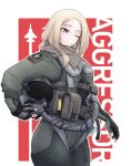  1girl aircraft airplane blonde_hair blue_eyes cable fighter_jet fingerless_gloves gloves head_tilt headwear_removed helmet helmet_removed highres holding holding_helmet jet looking_at_viewer military military_vehicle null-3 open_hand original pilot_suit pouch smile solo 