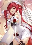  1girl bangs bare_shoulders black_legwear breasts dress flower hair_ribbon heterochromia hololive houshou_marine large_breasts long_hair looking_at_viewer open_mouth red_eyes red_hair red_ribbon ribbon rose sukocchi thighhighs thighs twintails veil virtual_youtuber white_dress yellow_eyes 