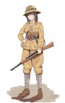  1girl absurdres black_hair bolt_action commentary english_commentary full_body goggles goggles_on_headwear gun hand_on_hip helmet highres holding holding_gun holding_weapon italy long_hair military military_uniform original pith_helmet puttee rifle solo unicron_(brous) uniform weapon weapon_request white_background world_war_ii 