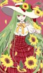  1girl absurdres alternate_costume arm_at_side arm_up bangs breasts eyebrows_visible_through_hair eyes_visible_through_hair flower half-closed_eyes hand_in_hair hat hat_flower hat_ribbon high-waist_skirt highres kazami_yuuka large_breasts long_hair long_skirt looking_at_viewer neck_ribbon open_mouth petals pink_background plaid plaid_ribbon plaid_skirt puffy_short_sleeves puffy_sleeves red_eyes red_ribbon red_skirt ribbon shirt shocho_(shaojiujiu) short_sleeves simple_background sketch skirt smile sun_hat sunflower touhou very_long_hair white_headwear white_shirt yellow_ribbon 
