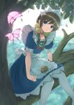  1girl absurdres arcana_heart blurry blurry_background brown_hair bug butterfly commentary_request fiona_mayfield hair_ornament highres insect leaf looking_at_viewer maid_headdress okosan_(pixiv) pantyhose purple_eyes sitting smile solo tree tree_branch white_legwear 