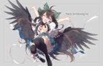  1girl :d ^_^ arms_up bangs bird_wings black_hair black_legwear black_wings blouse bow breasts closed_eyes eyebrows_visible_through_hair full_body green_bow grey_background hair_between_eyes hair_bow leg_ribbon open_clothes open_mouth outstretched_arms reiuji_utsuho ribbon short_sleeves signature simple_background smile solo starry_sky_print thighhighs third_eye touhou toutenkou white_blouse white_ribbon wings 
