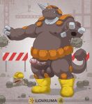  2021 anthro anthrofied armor balls barazoku belt biped body_armor boots brown_background brown_body carapace ceratopsian clothing construction_site construction_worker crane_(machine) dinosaur duo elemental_creature erect_tail erection footwear footwear_only genitals geodude hard_hat headgear helmet hi_res hole_(anatomy) horn humanoid_genitalia humanoid_penis invalid_tag lovkuma male mineral_fauna moobs mostly_nude nintendo nipples ornithischian overweight overweight_anthro overweight_male palms penis pok&eacute;mon pok&eacute;mon_(species) pok&eacute;morph reptile rhyperior rock rock_creature rubble scaffolding scalie sharp_teeth shoes shoes_only signature simple_background solo_focus spiral_eyes steel tail_club teeth text thick_penis underbite vein veiny_penis video_games 