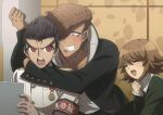  3boys :d arm_around_neck armband bangs black_coat black_hair breast_pocket brown_hair clenched_teeth closed_eyes coat collarbone danganronpa:_trigger_happy_havoc danganronpa_(series) fang fujisaki_chihiro gakuran green_jacket green_ribbon grey_eyes highres holding ishimaru_kiyotaka jacket leaning_forward long_hair long_sleeves male_focus multiple_boys no-kan oowada_mondo open_mouth otoko_no_ko pocket pompadour red_eyes ribbon school_uniform shirt short_hair smile teeth uniform upper_body upper_teeth white_gakuran white_shirt 