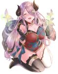  1girl aldehyde asymmetrical_gloves bangs blush boots braid breasts cape cleavage closed_eyes collarbone commentary_request draph dress elbow_gloves fangs full_body gloves granblue_fantasy hair_ornament hair_over_one_eye hairclip hands_up high_heel_boots high_heels highres horns large_breasts lips long_hair narmaya_(granblue_fantasy) open_mouth pink_hair pointy_ears shiny shiny_hair shiny_skin short_dress simple_background sitting smile thigh_boots thighhighs thighs tied_hair wariza 