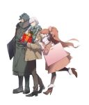  1girl 2boys alternate_costume arm_grab bag bangs bow brown_coat brown_footwear brown_hair brown_pants brown_scarf closed_eyes coat danganronpa_(series) danganronpa_3_(anime) from_side fur_trim gift grey_background grey_eyes grey_hair hands_in_pockets high_heels holding holding_gift long_hair mittens multiple_boys munakata_kyousuke no-kan orange_bow orange_hair pants plaid plaid_scarf ponytail profile sakakura_juuzou scarf shoes short_hair shoulder_bag simple_background smile upper_teeth white_mittens white_scarf yukizome_chisa 