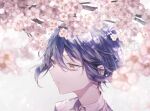  1boy bangs black_hair blurry blurry_background brown_eyes cherry_blossoms closed_mouth collared_shirt commentary_request danganronpa_(series) danganronpa_v3:_killing_harmony flower from_side goto_(sep) male_focus pink_flower saihara_shuuichi shirt short_hair solo white_shirt 