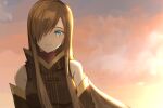  1girl black_sleeves blue_eyes brown_hair closed_mouth day detached_sleeves hair_over_one_eye long_hair looking_at_viewer outdoors rourou_ill shiny shiny_hair sky smile solo straight_hair tales_of_(series) tales_of_the_abyss tear_grants upper_body very_long_hair 