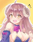  1girl :d ahoge bangs bare_shoulders blue_sleeves blush bow breasts brown_hair cleavage commentary_request curled_horns demon_horns detached_sleeves eyebrows_visible_through_hair fangs hair_between_eyes hand_up highres hizaka horns large_breasts looking_at_viewer machikado_mazoku open_mouth outline purple_bow smile solo upper_body white_outline yellow_background yellow_eyes yoshida_yuuko_(machikado_mazoku) 
