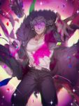  1boy arm_up bangs belt blood blood_from_mouth bloody_clothes bloody_hands blurry blurry_background brown_coat brown_hair brown_pants clenched_teeth coat collarbone danganronpa_(series) danganronpa_3_(anime) depth_of_field diffraction_spikes floating_clothes floating_hair fur_trim highres long_sleeves looking_at_viewer looking_up male_focus no-kan pants pectorals petals pink_background pink_blood pink_eyes sakakura_juuzou shirt short_hair solo sparkle teeth translation_request white_background white_shirt 