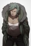  1boy bangs belt black_belt brown_coat brown_hair brown_pants coat collarbone cowboy_shot danganronpa_(series) danganronpa_3_(anime) fur_trim grey_background grey_shirt hands_in_pockets highres leaning_forward looking_at_viewer male_focus no-kan open_clothes open_coat pants parted_lips pectorals pink_eyes sakakura_juuzou shirt short_hair simple_background solo 