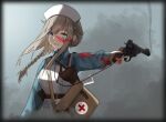  1girl absurdres apron aqua_eyes blonde_hair blood blood_on_face braid clenched_teeth commentary crying crying_with_eyes_open eyebrows_visible_through_hair finger_on_trigger first_aid_kit french_braid gun handgun hat highres holster lanyard long_hair military nurse nurse_cap original pz-15 red_cross revolver simple_background smoke solo tears teeth weapon webley_revolver 